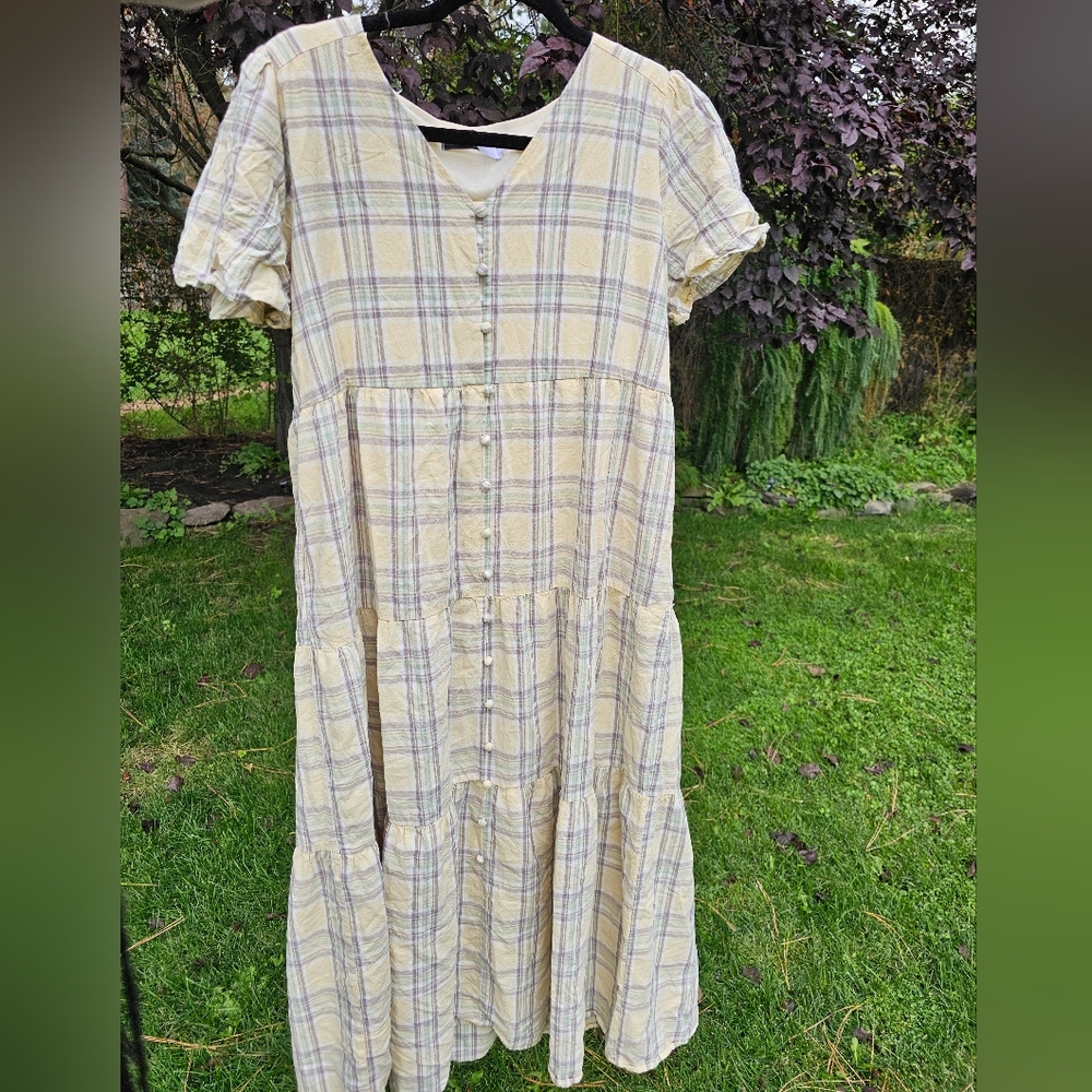 Plaid Maxi Dress in Cream and Gray